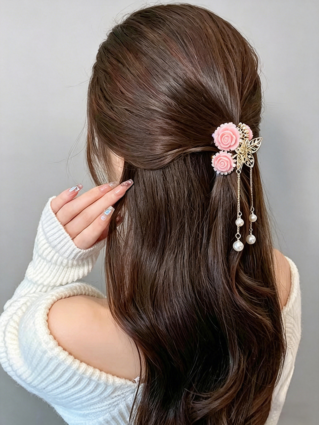Women Accessories Dropshipping - Pink Plush Rose Tassel Hair Clip,