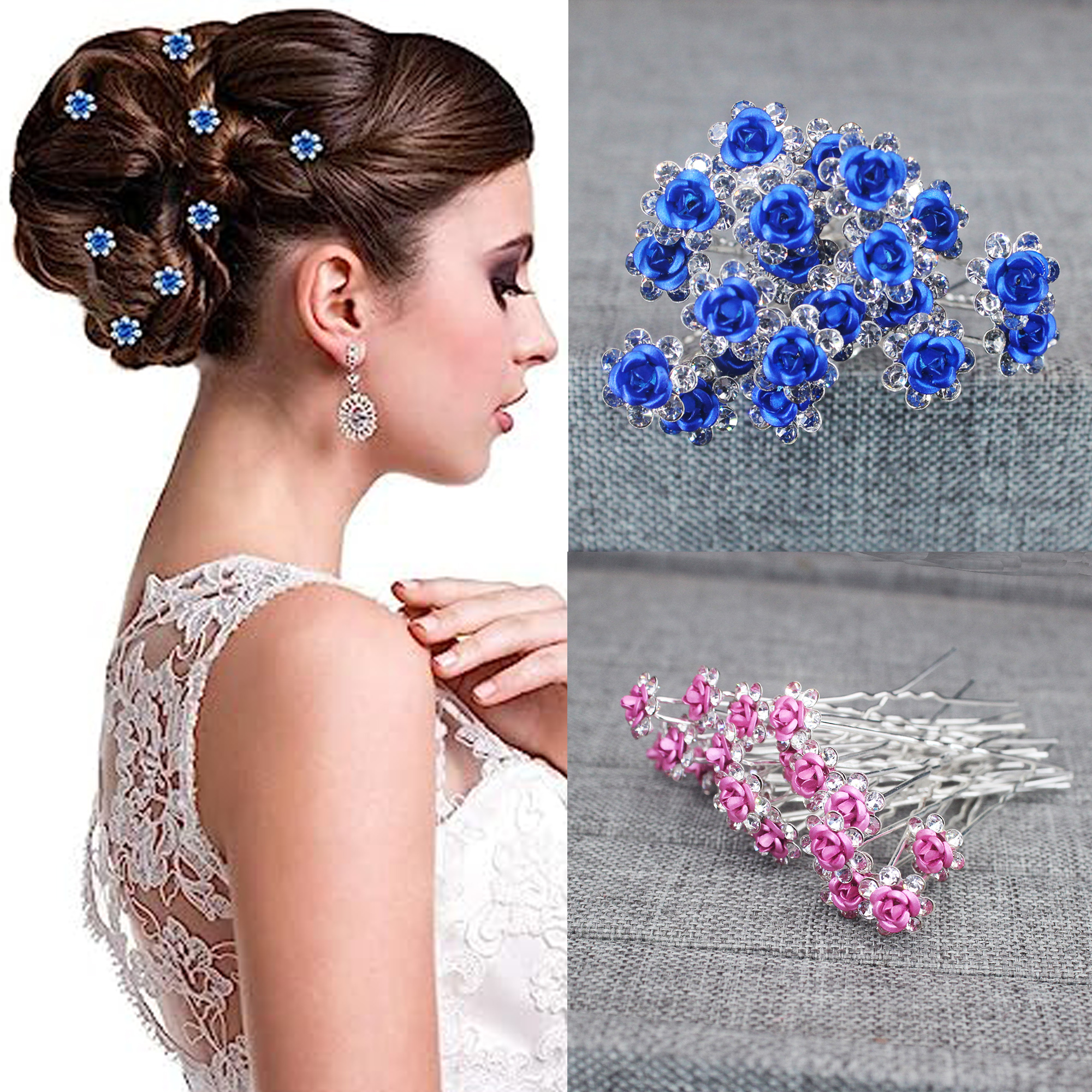Women Accessories On Sale - 20PCS Rose Flower Rhinestone Hairpins Crystal